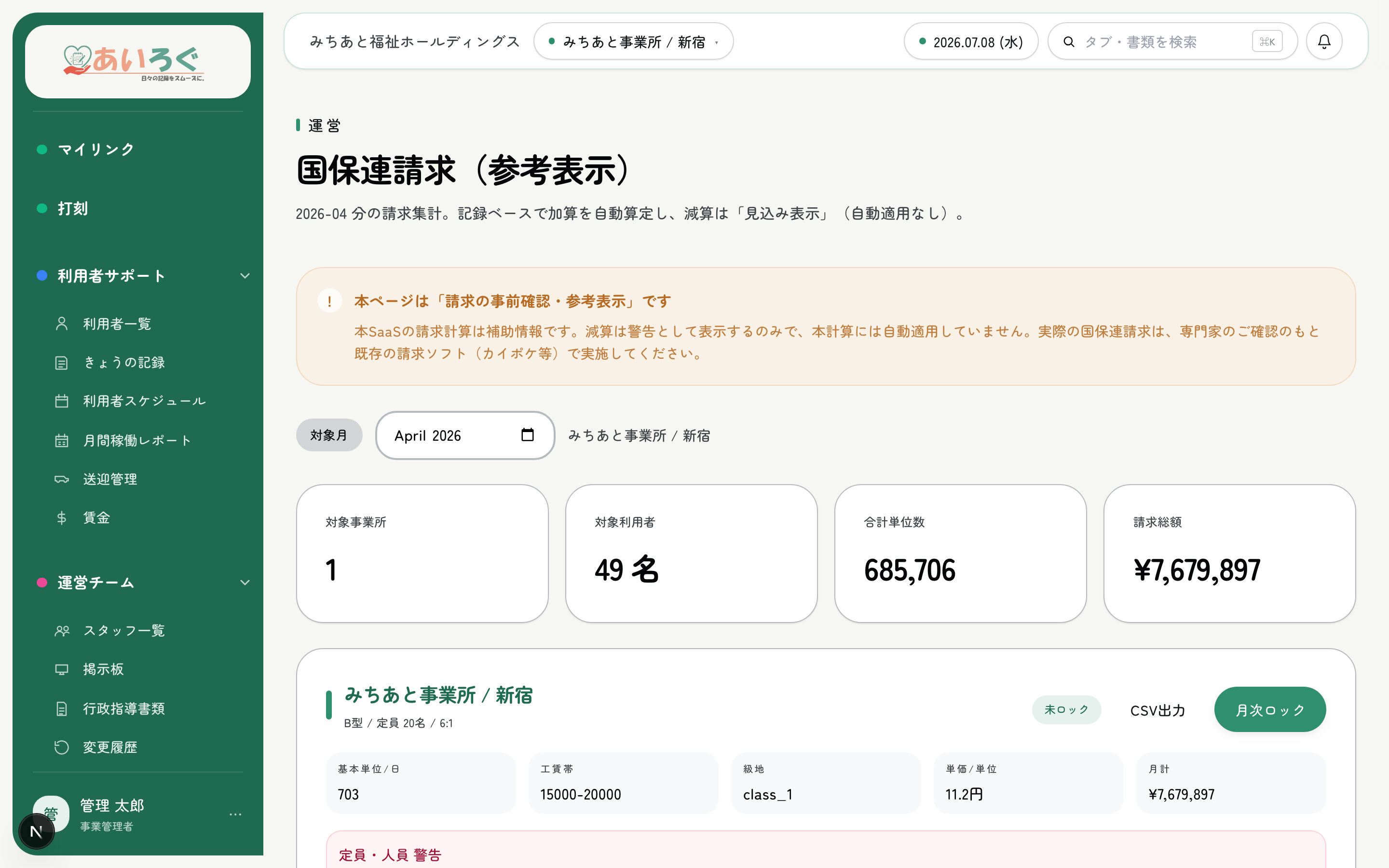 国保連請求の事前チェック画面。加算・減算・処遇改善が自動判定される。