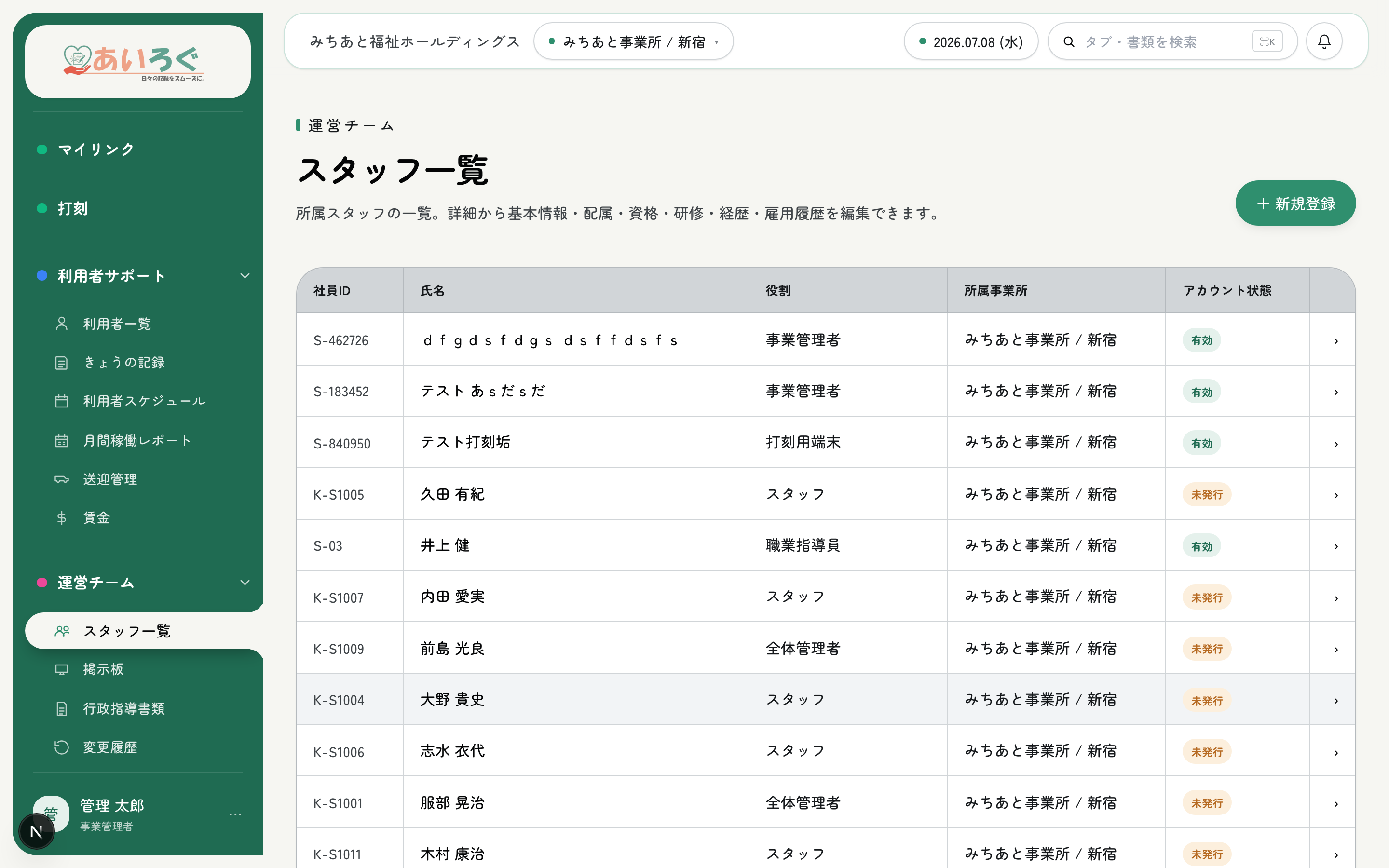 スタッフ一覧画面。所属・役職・アカウント状態を一目で。